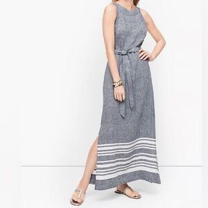 TALBOTS Blue-gray and White 100% Linen Belted Sleeveless Maxi Dress SZ 6